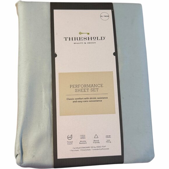 Threshold Twin XL Sheet Set + 2 Pillowcases 400TC Cotton Sateen Light Blue Dorm - Picture 1 of 7